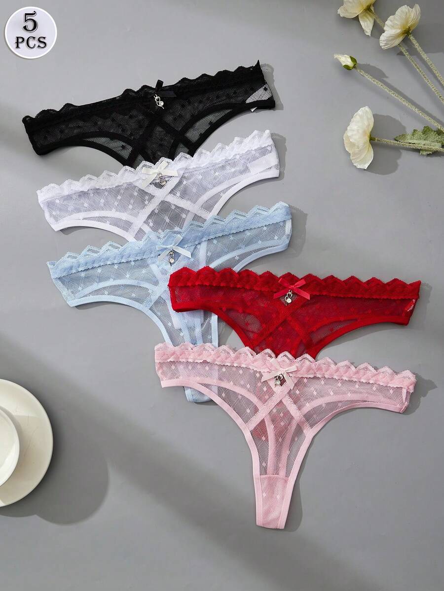 5PCS Women's Low-Rise Mesh Thong, Sexy Panties, Cute Bow Heart Charm, See-Through T-Back Multi-Piece Panty Set - Multicolor - View 1