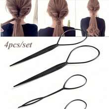 4pcs Black Hair Braiding Tools, For Creating Fluffy Braided Hairstyles, Girls Ponytail Styling Tools, Bridal Curly Hair Styling Tools, Plastic Ring Hair Accessories Set - Multicolor - View 2