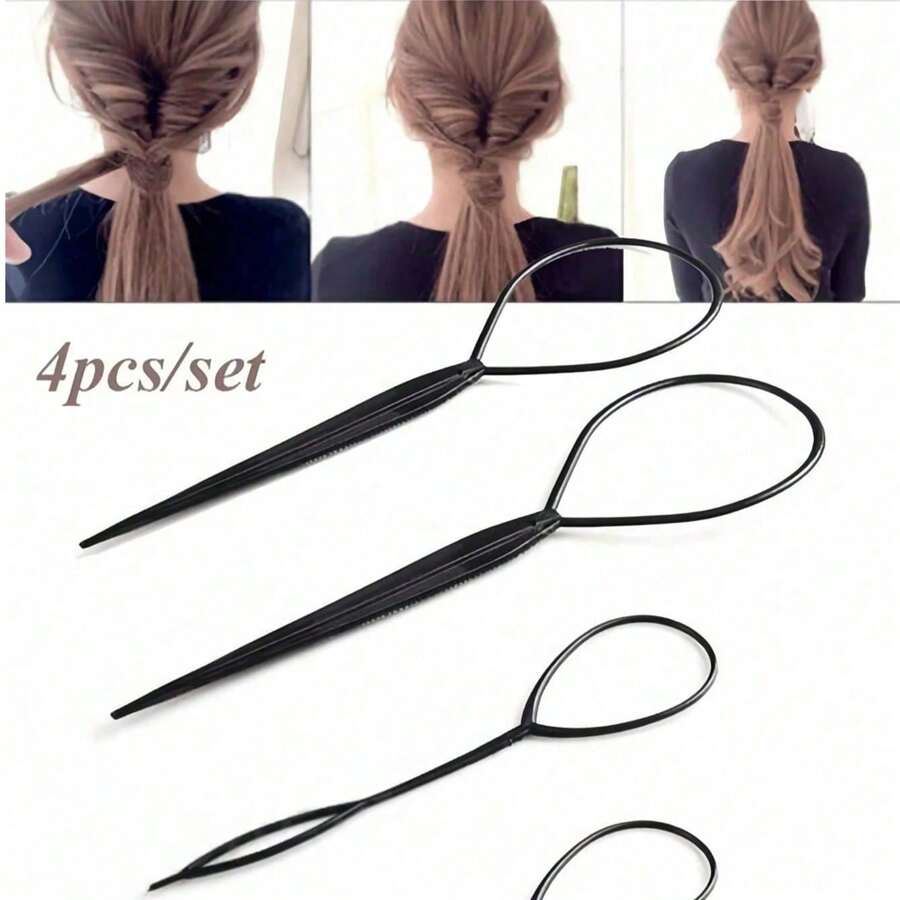 4pcs Black Hair Braiding Tools, For Creating Fluffy Braided Hairstyles, Girls Ponytail Styling Tools, Bridal Curly Hair Styling Tools, Plastic Ring Hair Accessories Set