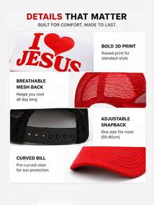 1件中性款 I Love Jesus 3D 泡泡印花卡車司機帽，透氣網布後背可調節卡扣式棒球帽，信仰勵志輕量日常帽 - i love jesus - 查看 3