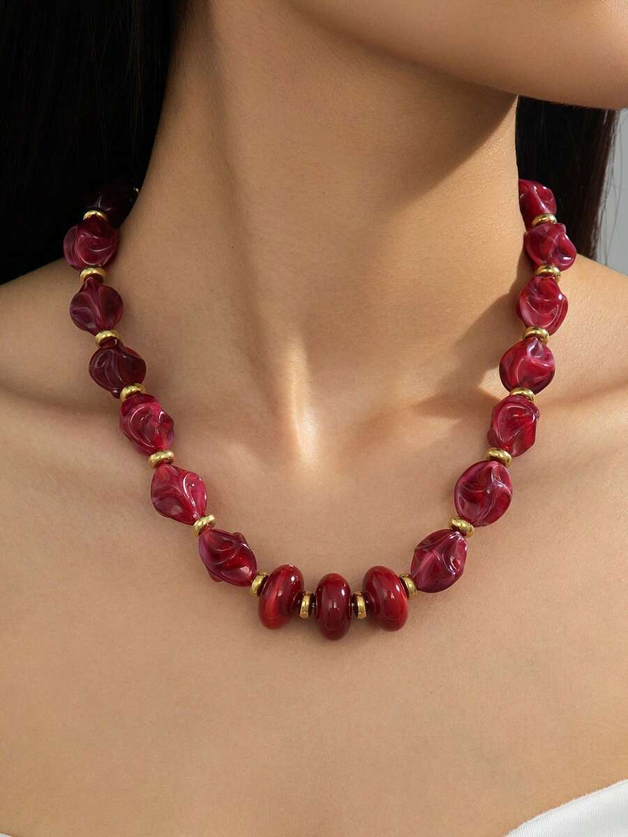 Burgundy Marble Pattern Asymmetrical Acrylic Beaded Necklace With Vintage Gold Spacer Beads, Adjustable Choker - Wine Red Ombre - View 1