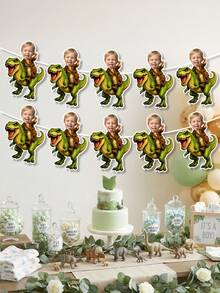 Custom Photo Kid Riding T-Rex Dinosaur Banner,Explorer Outfit Portrait Garland,Green T-Rex Themed, Birthday Gift For Dino Lover,Dinosaur Party Decor - Multicolor - View 4