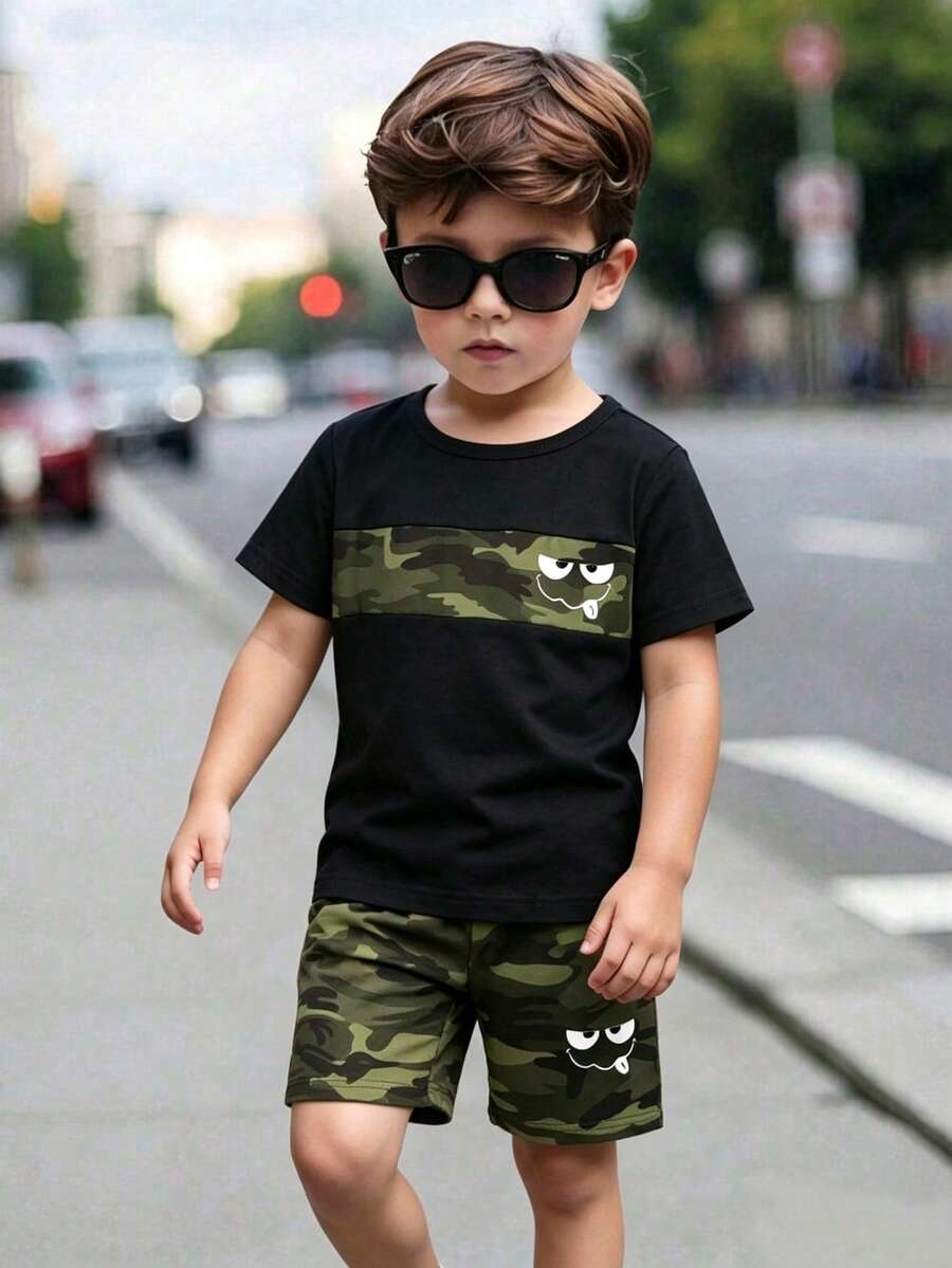 Young Boy Cartoon Print Short Sleeve T-Shirt And Shorts Set - Black - View 1