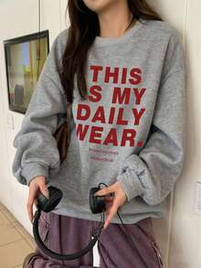 Women's Crew Neck Sweatshirt, New Autumn/Winter Letter Print, Casual Versatile Loose Fit Top, Fashionable Daily Wear - Dark Gray - View 7