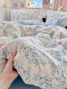 Ensemble de housse de couette bleu clair à motif floral de vigne, comprend 1*Housse de couette+1*Drap de lit+2*Taies d'oreiller, imprimé de plante en peinture à l'huile bleue, décoration de chambre belle et confortable, convient pour toutes les saisons, 100% polyester, housse de couette et taies d'oreiller sans rembourrage - Bleu ciel - Voir 8