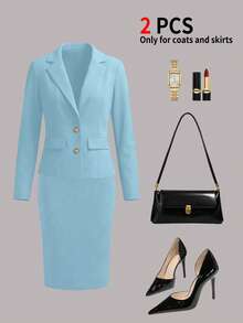 Women's Spring/Autumn Elegant Commute 2 Pieces Set, Short Waist-Cinching Vintage British Style Faux Pocket Button Detail Blazer - Sky Blue - View 3