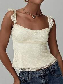 Sexy Girl Lace Design Ruffle Strap Bow Decor Lace Patchwork Sleeveless Tank Top, Spring/Summer New Arrival Casual Yellow - Yellow - View 1