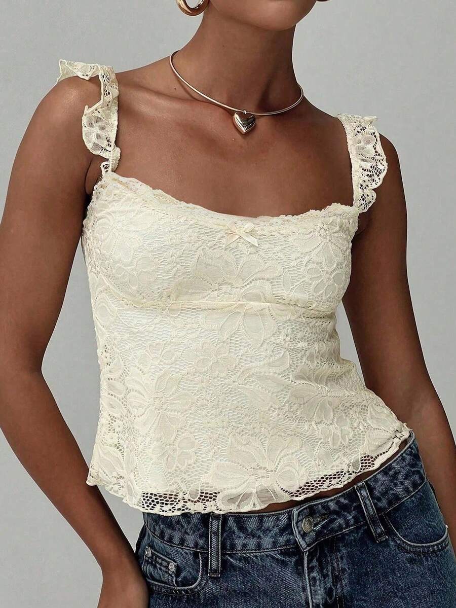 Sexy Girl Lace Design Ruffle Strap Bow Decor Lace Patchwork Sleeveless Tank Top, Spring/Summer New Arrival Casual Yellow - Yellow - View 1