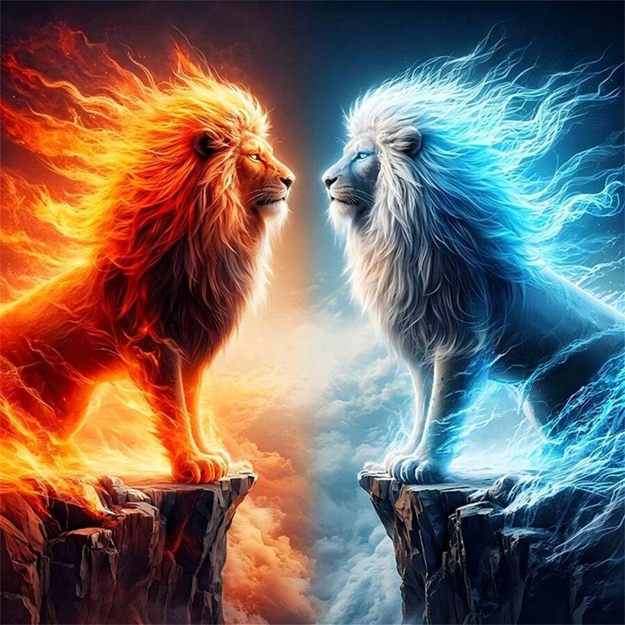 1PC | 5D DIY Diamond Painting | Ice And Fire Lion Pattern Diamond Painting Kit, Round Full Drill Mosaic Craft Set, High-Definition Art Diamond Painting, Focus And Relax Your Mind Through DIY, Suitable For Living Room, Bedroom, Office Wall Decoration, Surprise Holiday Home Decor Gift For Family And Friends, Unframed - round diamond - View 1