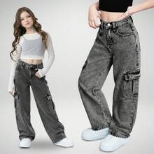 Calça Cargo Wide Leg Jeans para Meninas Chumbo Grafite Marmorizada Preto Com Bolso Chique Estilosa Moda de Rua Tumblr - Preto - Visão 8