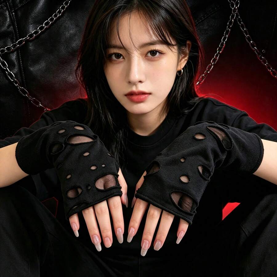 1對女款龐克風露指手套 角色扮演破洞手套 適合萬聖節服裝派對 - 黑色 - 查看 1