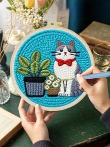 DIY 初學者衝花針刺繡套件:包含針、線、說明書、繡框、印有貓咪與植物圖案的預印布料。創意手工牆飾或禮物。2D 平面衝花針套件。入門/趣味/放鬆套件。20x20cm (7.87x7.87 英吋)。 - A - 查看 5