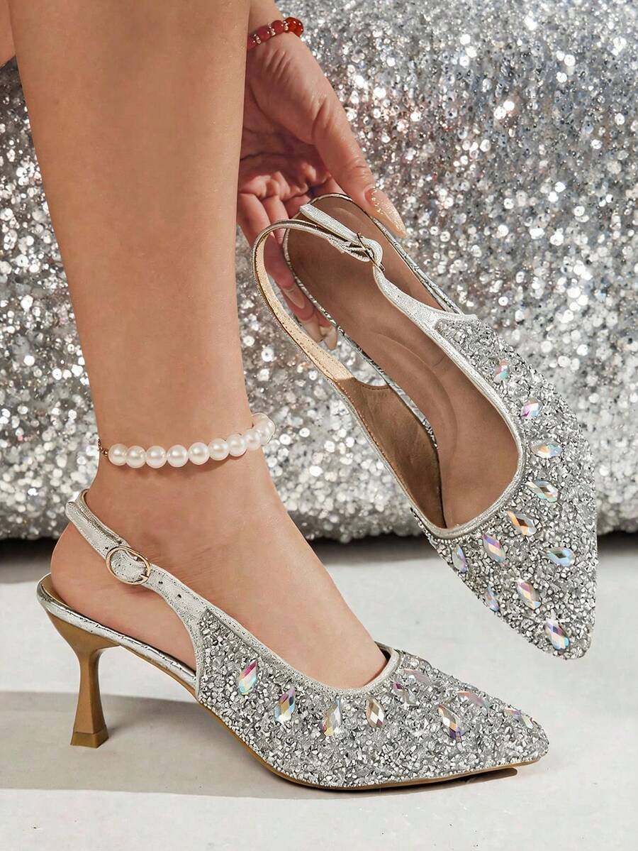Kitten Heels For Women Slingback Heels Pointed Toe Pumps Rhinestones Pearls Stiletto Sparkly Bridal Sandals For Wedding Prom Dating - Silver - View 1