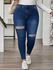 Curvy Size-Pantalones pitillo de mezclilla lavados con roturas, ajustados y elasticidad media - Azul lavado oscuro - Ver 1