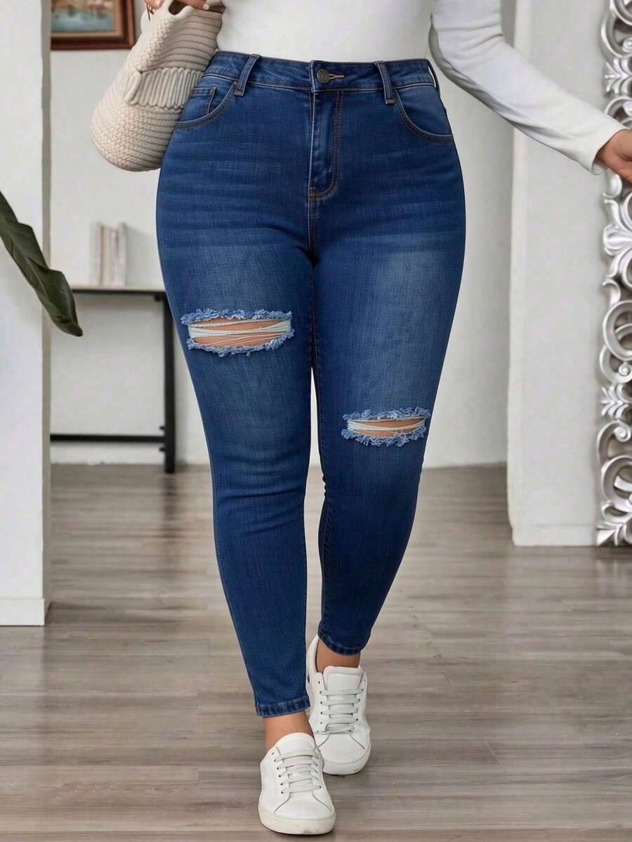 Curvy Size-Pantalones pitillo de mezclilla lavados con roturas, ajustados y elasticidad media - Azul lavado oscuro - Ver 1