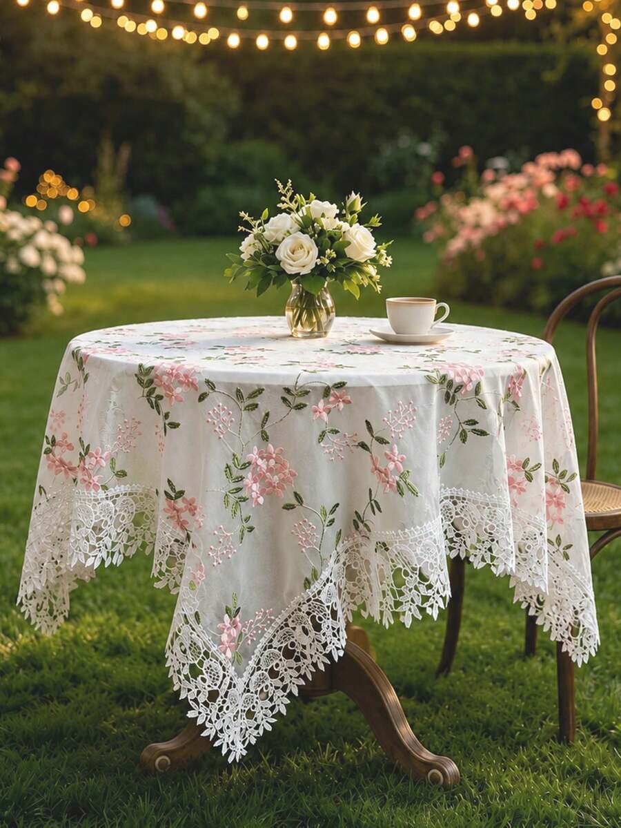 1件粉色圖案刺繡桌布,蕾絲飾邊裝飾,聚酯纖維布料,刺繡花卉圖案桌布,長方形正方形桌布,適用於餐廳客廳桌面裝飾 - 白色 - 查看 1