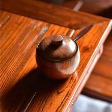 1pc Wooden Salt Cellar With Lid And Spoon, 3.5 Inch/9cm Wooden Salt Jar, Suitable For Kitchen Countertop, Unique Wooden Spice Container, Suitable For Home And Kitchen, 6oz Capacity - Brown - View 9