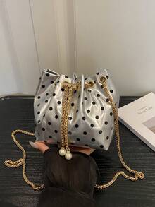 Mini New Fashion Straw Woven Gold Chain Drawstring Bucket Bag Beach Bag - Silver - View 10