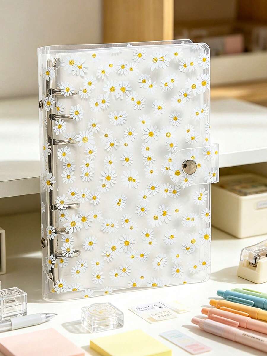 1pc A6 Transparent Loose-Leaf Binder, Daisy Snap Button Transparent File Bag, PVC File Protection Bag, Scrapbook Kit, Minimalist Essentials And Folders And File Bags, Office Document Storage Supplies, Photo Card Storage, Scrapbook, Receipt Storage, Notebook Cover, Back To School Supplies, Office Supplies, Library Supplies, Study Supplies, DIY Manual, Sticker Collection, Party Gifts