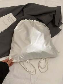 Fashionable Versatile Solid Color PU Drawstring Backpack, Large Capacity For Travel, Vacation, Back To School, Youth Campus, Suitable For Primary, Middle, High School And College Students - Beige - View 4