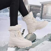 女款中筒綁帶雪地靴，毛絨飾邊保暖抓絨內裡增高馬丁靴，防滑厚底冬季戶外走路靴 - 米色 - 查看 4
