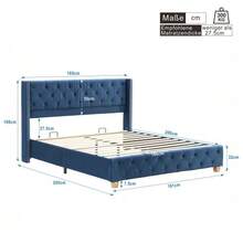With Slatted Base And Headboard, Button Tufting, Rivet Decoration, Wooden Legs, Linen - 藍色 - 查看 2