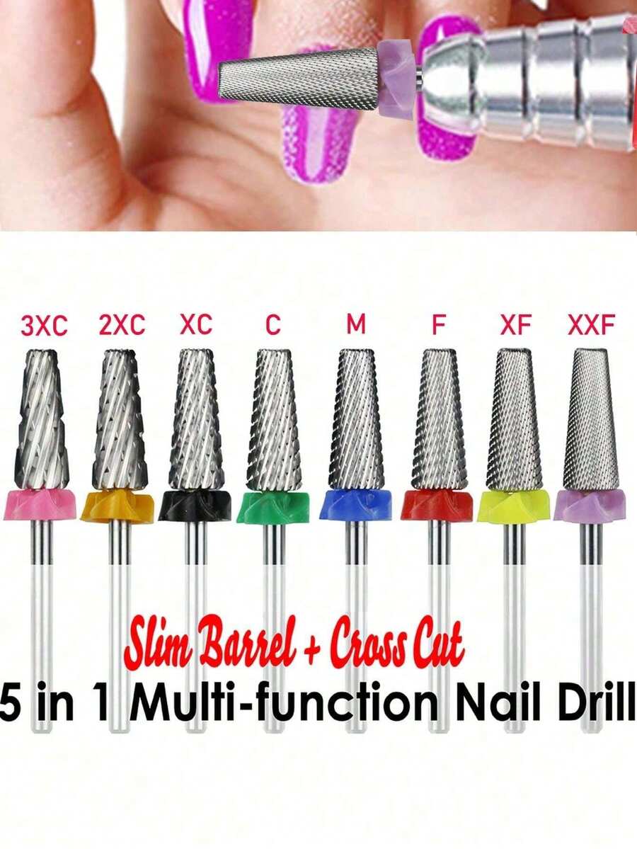 Mata Bor Kuku 5-in-1, Tangkai 3/32" Mata Bor Tapered Karbida Tungsten untuk Penghapusan Cepat Kuku Akrilik, Gel Keras, dan Kutikula, Mata Bor Kikir Kuku Elektrik Profesional untuk Mesin Bor Kuku