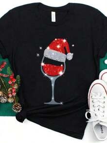 T-Shirt Wine Print Tops Casual Kawaiis Aesthetic Tshirt Short SLeesve Tees Harajuku Streetwear Female Clothing - Black - View 2