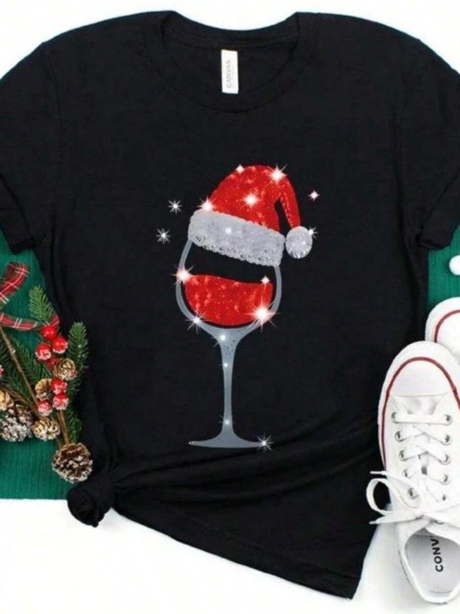 T-Shirt Wine Print Tops Casual Kawaiis Aesthetic Tshirt Short SLeesve Tees Harajuku Streetwear Female Clothing