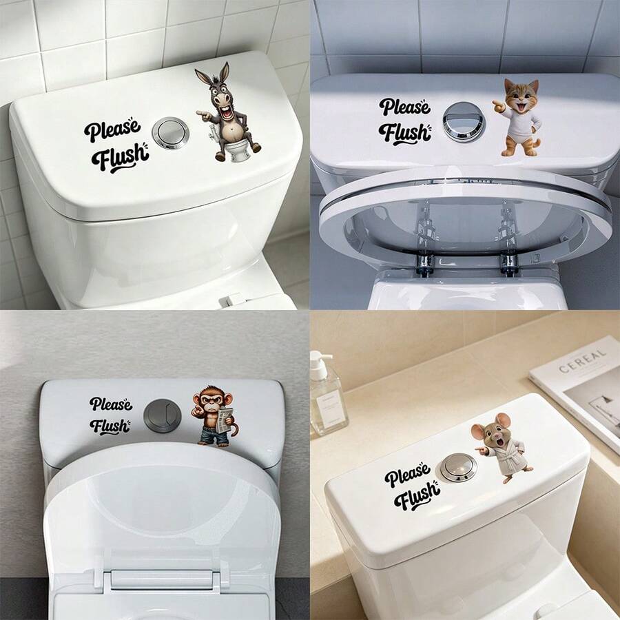 1件裝可愛卡通動物馬桶水箱貼紙,附「Please Flush」文字,防水可移除自黏式PVC貼紙,適合居家、Airbnb與飯店共用浴室裝飾 - 馬桶貼紙 - 查看 1