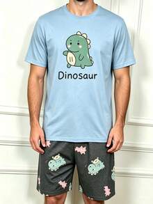 Men's Summer Cartoon Dinosaur Print Short Sleeve & Shorts Pajama Set - Multicolor - View 1