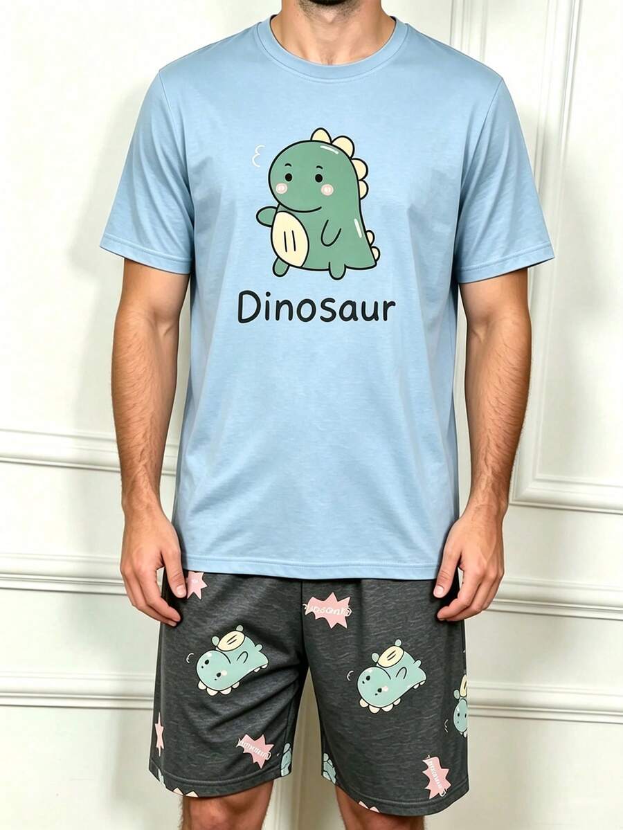 Men's Summer Cartoon Dinosaur Print Short Sleeve & Shorts Pajama Set - Multicolor - View 1