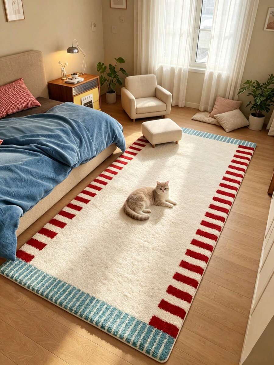 1件装红蓝线条图案地毯,装饰地毯,卧室装饰,小地毯,地毯,家居装饰,客厅地毯,客厅小地毯,卧室地毯,客厅家居装饰,户外地毯,可水洗地毯 - 彩色 - 查看 1
