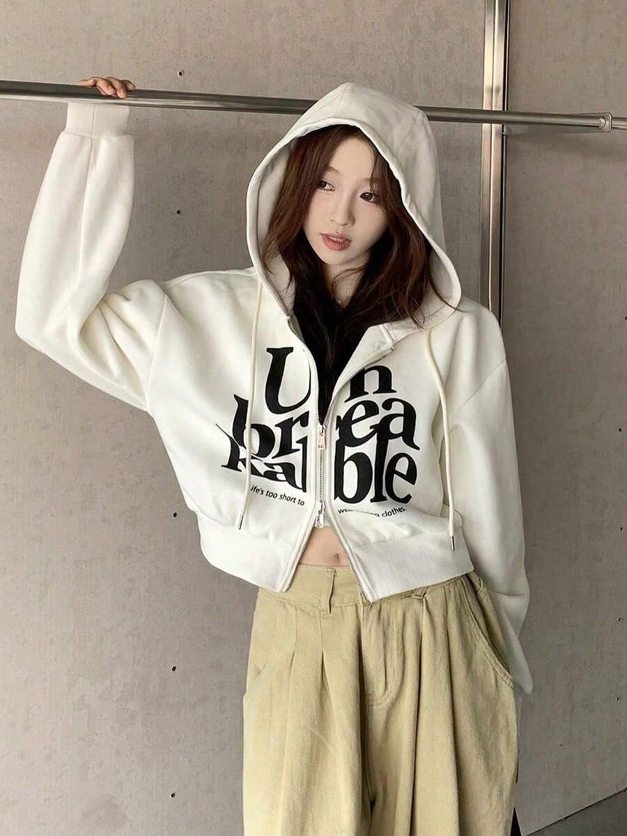 Women's Letter Print Drawstring Hooded Zip-Up Casual Everyday Long Sleeve Sweatshirt - Apricot - View 1