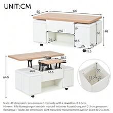 Height-Adjustable Coffee Table, 3-In-1 Multifunctional Table, Living Room Table With Storage, Convertible To Living Room Dining Table, Work Table With Wheels And 4 Stools, 100x50x48 Cm, White + Wood Tone - 自然色 - 查看 5