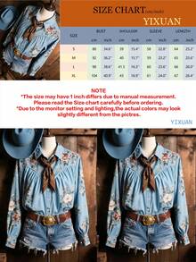 YI XUAN Women's Vintage Bohemian Western Style Light Blue Floral Autumn Blouse, Fashion Casual, Suitable For Spring And Autumn Outings And Travel Vacation - 淺藍色 - 查看 5