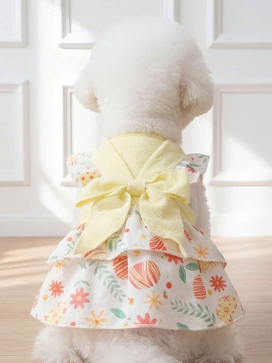 LUCKIE LABO 一件复活节花卉彩蛋印花荷叶袖公主裙,适合吉娃娃、小型犬,优雅芭蕾舞风格吊带裙,室内外宠物服装 - 黃色 - 查看 1