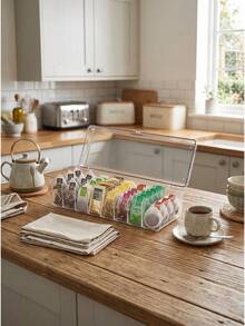 1pc 8 Compartments Clear Acrylic Tea Bag Storage Rack,Multi-Functional Coffee Pod Sugar Packet Storage Container,Detachable Makeup & Sundries Display Holder,Wall-Mounted Or Countertop Kitchen Spice Shelf Pantry Cabinet Organizer. - Transparent - View 2