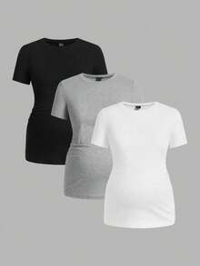 3-Pack Women's Maternity Wear, Casual Short-Sleeve Sports Yoga Tops For Summer, Soft Cotton Comfortable T-Shirts, Spring & Summer Loungewear - Black + White + Gray 3-piece Set - View 2