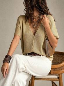 Women's Casual Elegant V-Neck Flared Sleeve Button-Front Short Sleeve Cardigan, Beach Party Outing Summer - Gold - View 9