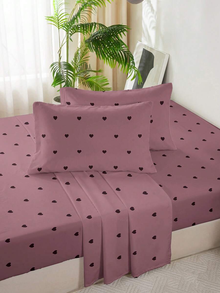 4Pcs Little Heart Print Sheet Set,1 Fitted Sheet,1 Flat Sheet & 2 Pillowcases,Soft Skin-Friendly Breathable Bedding Set,Comfortable Machine Washable Mattress Protector,Easy-Care All-Season Bedroom Decor For King Queen Full Twin Size Home Bedding Set - Multicolor - View 1