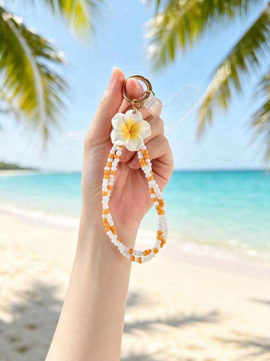 1pc Bohemian Seed Bead Multi-Layer Plumeria Pendant Phone Anti-Loss Decorative Lanyard (Random Color)