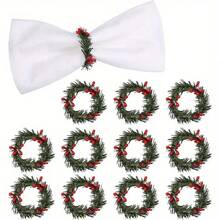 Christmas Red Berry Pine Needle Napkin Rings, Mini Wreath Napkin Buckles, Xmas Table Setting Decor - Multicolor - View 11