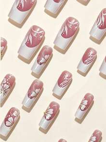 24 piezas Uñas postizas de tamaño mediano removibles de cobertura completa con acabado brillante, diseño minimalista blanco francés degradado con decoración de flores y cuentas doradas, producto de arte de uñas elegante, lujoso y de moda - Multicolor - Ver 3