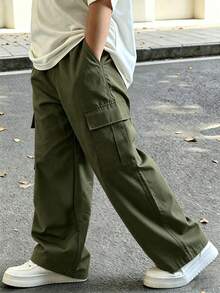 4-7歲男孩軍綠色寬鬆寬腿多口袋休閒四季戶外長褲 - 軍綠色 - 查看 2