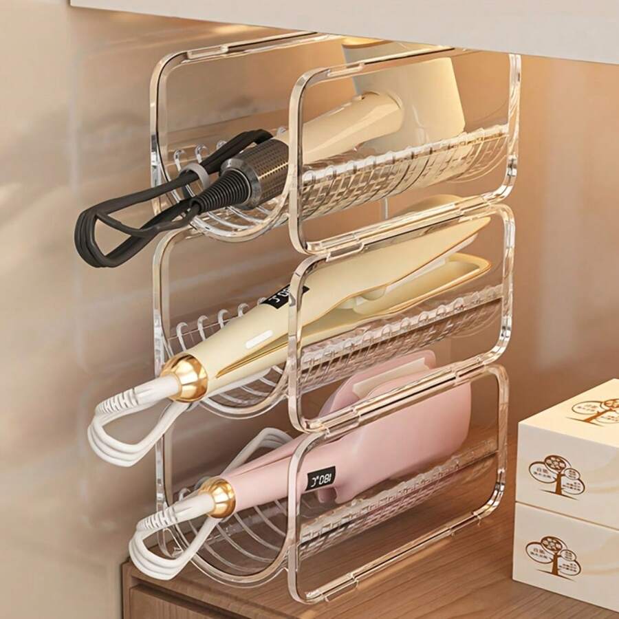 1pc Curling Iron Holder, Hair Dryer Storage Box, Egg Roll Curling Iron Organizer, Item Storage Rack, Straight Hair Comb Organizer, Flat Iron Holder, Stackable Design, Countertop Style, Transparent Acrylic, Suitable For Bathroom, Countertop, Vanity, Washbasin, Toilet, Entrance, Practical Storage Shelf