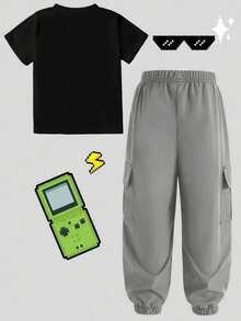 Young Boy Cartoon Print Round Neck Short Sleeve Top And Cargo Pants Set - Black - View 2
