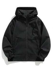 Jaket Wanita Hitam Polos dengan Tudung dan Tali Serut, Resleting Penuh di Bagian Bawah, Tali Serut yang Dapat Diatur di Samping, Saku Tersembunyi, Manset Elastis, Atasan Kasual Longgar - Hitam - View 3