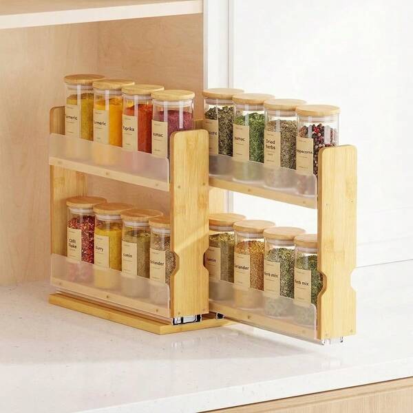 2-Tier Bamboo Pull Out Spice Rack Organizer For Kitchen Cabinet, Heavy Duty Slide Out Seasoning Storage With Smooth Glides, Sliding Vertical Pantry Organization, 2 Drawers (5" Wide), Natural