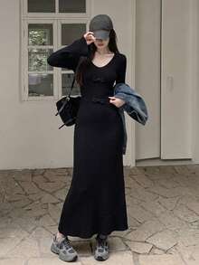 Sweet Pure Style V-Neck Bow Design Long Sleeve Knit Bodycon Dress For Women, Youthful And Age-Reducing - Black - View 5
